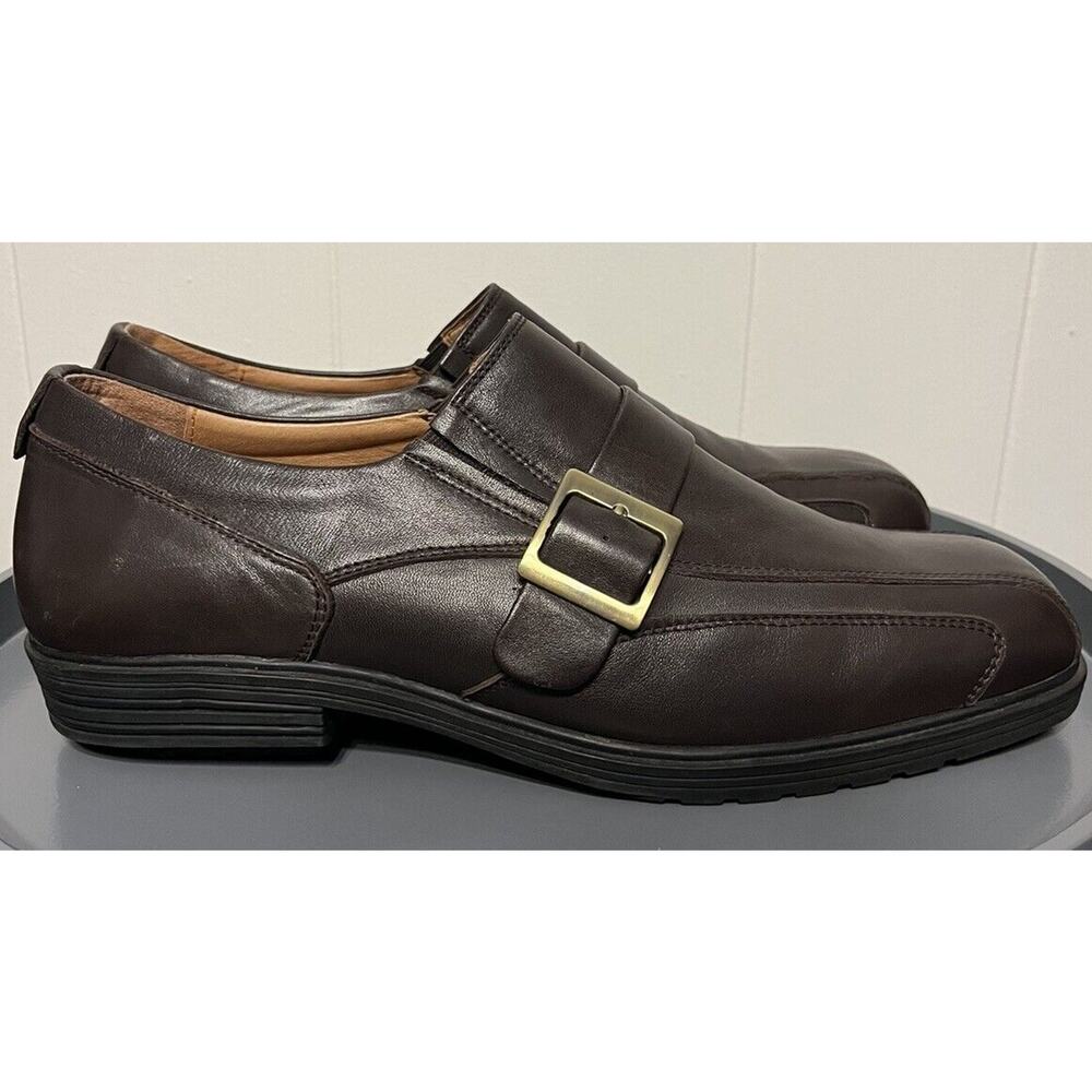 Gravity Defyer Mens Size 12 Brown Leather Dress Loaf Shoes With Gold Side Buckle